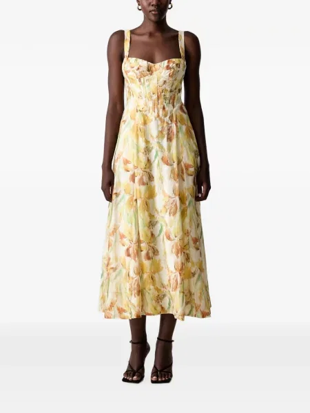 Rochie midi Bardot cu model floral cu imagine galben