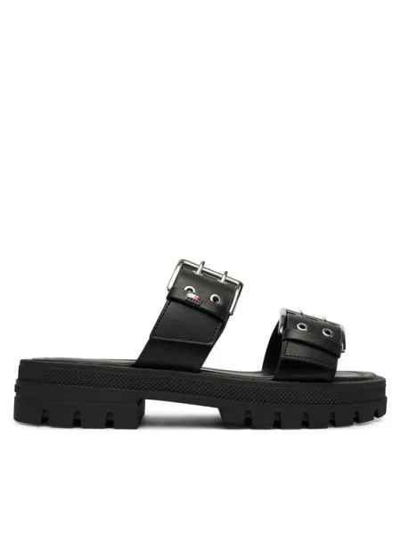 Papuci Tommy Jeans cu cataramă cu bretele negru