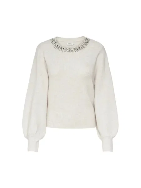 Sweter z dzianiny o kroju regular fit z obszyciem ozdobnymi kamieniami model ‘ELSA’ Only beżowy