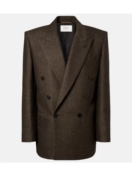 Sacou Saint Laurent de lână cu model herringbone cu două rânduri de nasturi maro