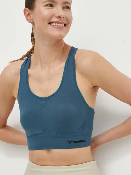 Спортен сутиен Hummel Tif hmlTIF SEAMLESS SPORTS TOP тюркоазено с изчистен дизайн