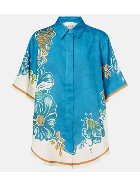 Cămașă Alemais de in cu model floral albastru