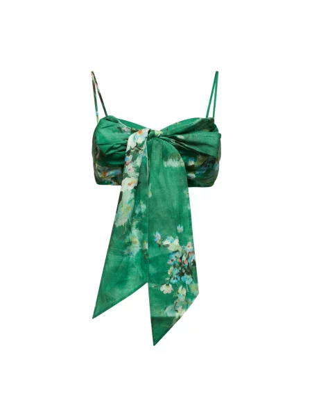 Lniany top Zimmermann z kokardką drapowany zielony