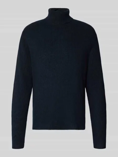Sweter z dzianiny w efekt prążkowania z golfem Lindbergh granatowy