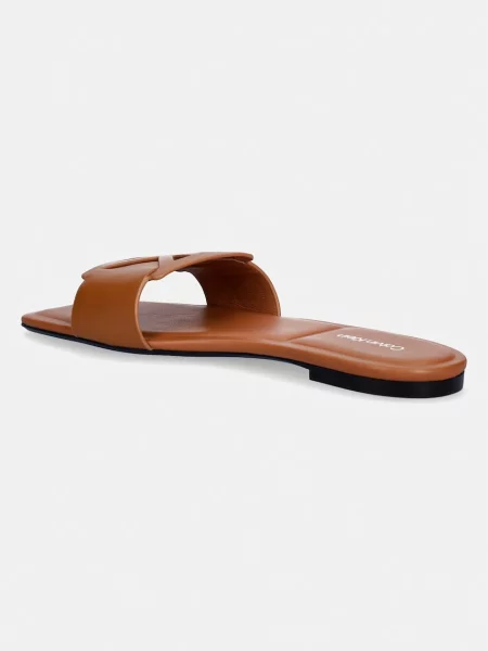 Calvin Klein klapki skórzane SQUARE FLAT SANDAL EMBLEM brązowe
