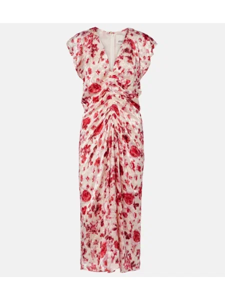 Rochie midi Isabel Marant cu model floral cu volane din jacard roz