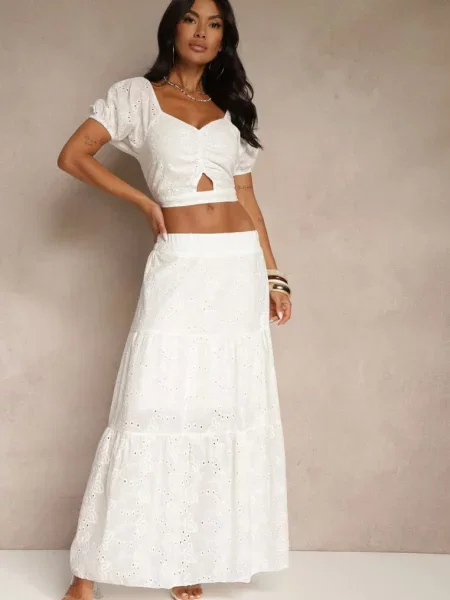 Komplet Ozdobiony Haftem Top z Dekoltem i Rozkloszowana Spódnica Dololia biały