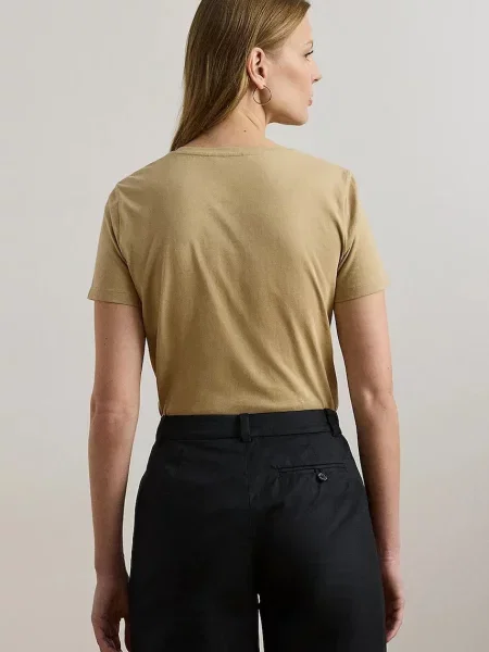 T-shirt z haftem i okrągłym dekoltem model ‘KATLIN’ beżowa