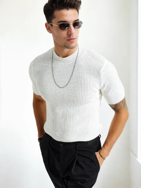 Pulover Dewberry tricotate cu mâneci scurte cu decolteu în U alb