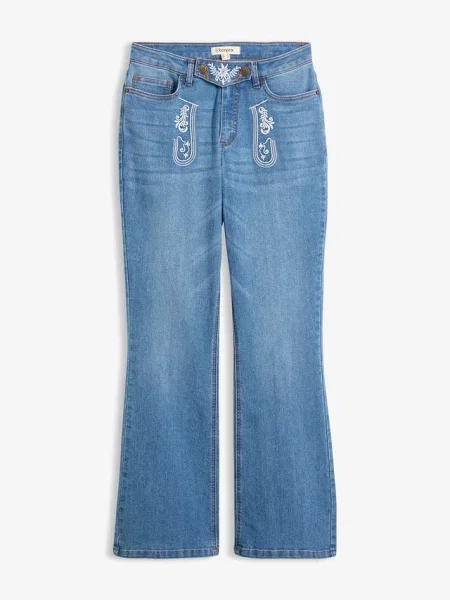 Ludowe jeansy bootcut mid waist z haftem niebieskie
