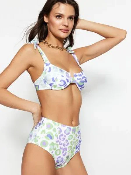 Bikini Trendyol cu talie înaltă cu model leopard gri