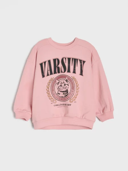 Sinsay Mikina crewneck s potiskem kočky z terry tkaniny růžová
