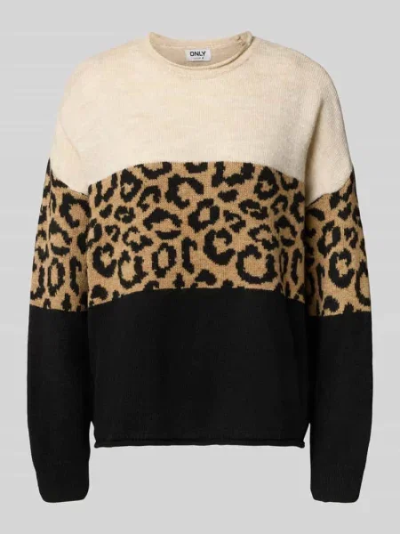 Sweter z dzianiny o kroju regular fit ze zrolowanym okrągłym dekoltem model ‘JADE’ Only beżowy