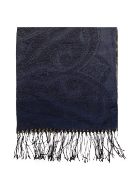 Fular Etro cu franjuri cu model paisley din jacard albastru