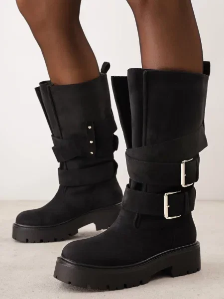 Botine biker pe platformă cu două catarame pătrate Elidorna negre