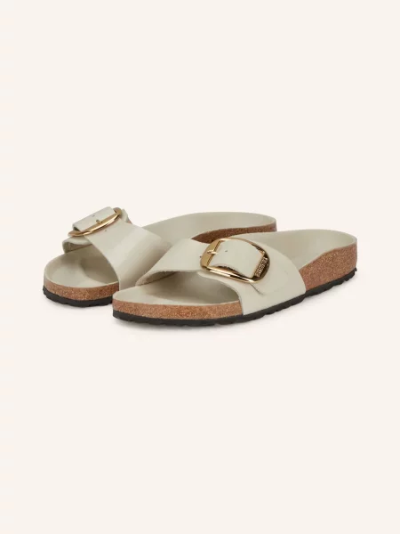 Klapki Birkenstock skórzane na sprzączkę beżowe