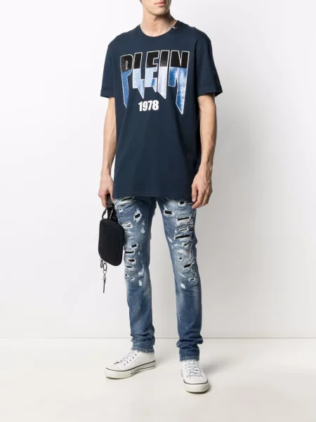 Tiesūs džinsai Philipp Plein su nubrozdinimais mėlyna