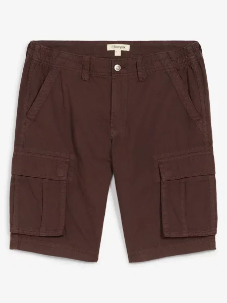 Lekkie bermudy jeansowe z elastyczną wstawką w talii z kolorowego denimu relaxed fit brązowe