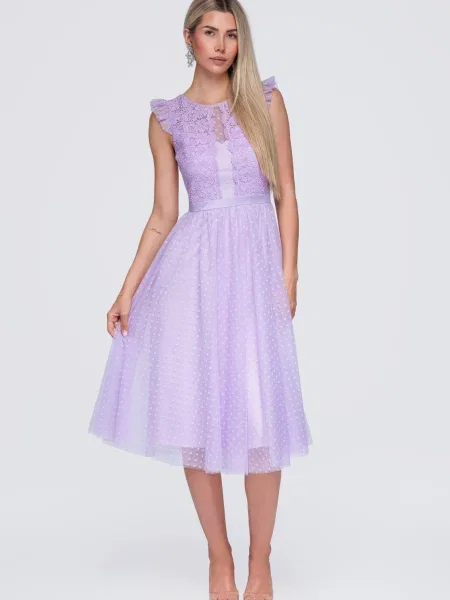 Rochie midi Edoti cu volane din dantelă alb