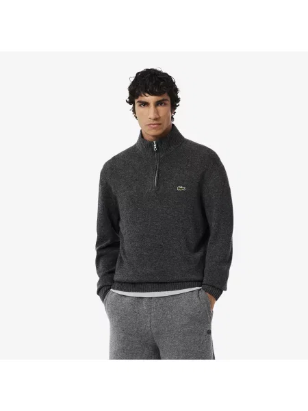 Lacoste Wełniany Sweter Z Wysokim Kołnierzem I Zamkiem szary