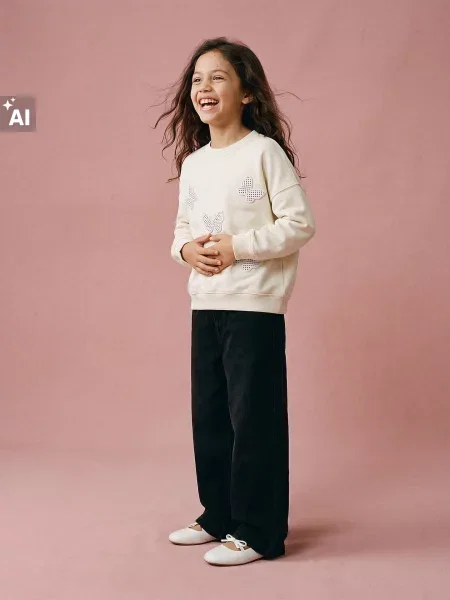 Sinsay Mikina crewneck s bavlnou a nášivkami ve tvaru motýlů krémová