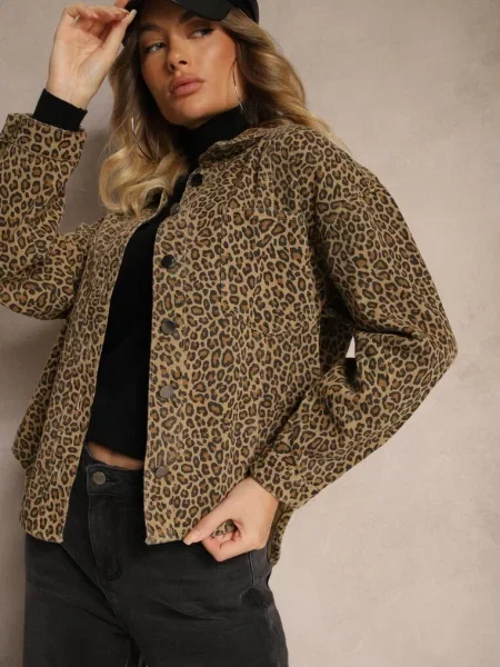 Jeansowa Kurtka Koszulowa w Panterkowy Print Cesida brązowa