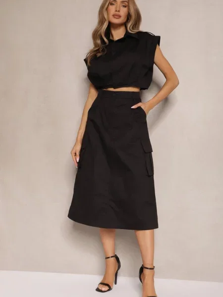 Komplet w Stylu Utility Koszula Cropped Bez Rękawów i Spódnica z Notcha czarny