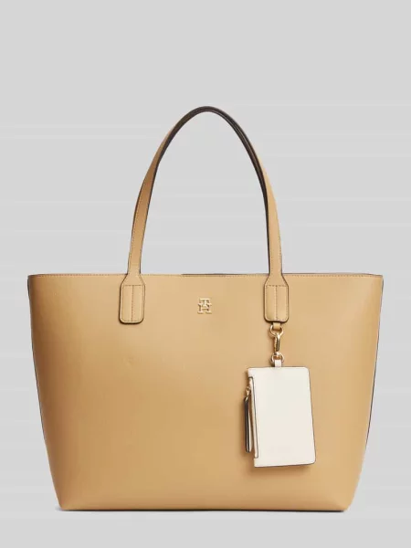 Torba shopper z przegródką zapinaną na błyskawiczny i zawieszką na drobiazgi Tommy Hilfiger beżowa