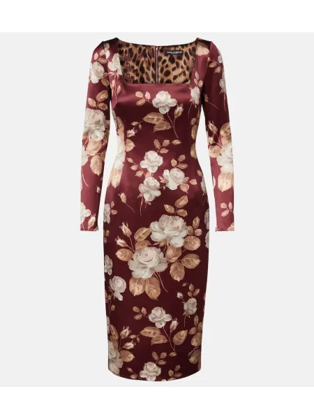 Rochie midi Dolce&gabbana din satin cu model floral până la genunchi bordo