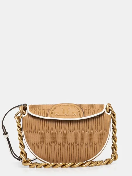 Кожена чанта Tory Burch Fleming кафяво