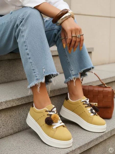 Sneakersy zamszowe z ozdobami na platformie Dstreet żółte