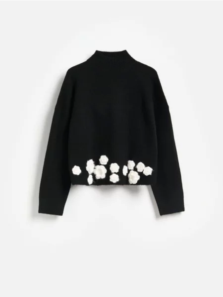 Reserved Pulover cu aplicații florale negru