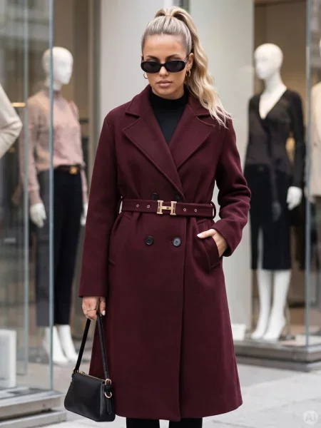 Elegancki płaszcz dwurzędowy z paskiem bordowy Dstreet