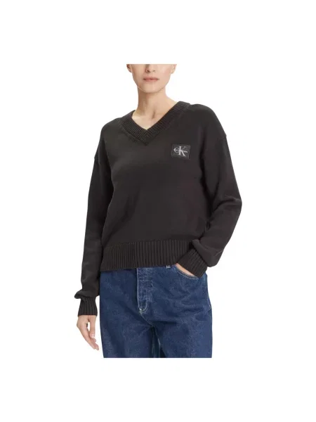 Sweter z dzianiny z dekoltem w serek czarny