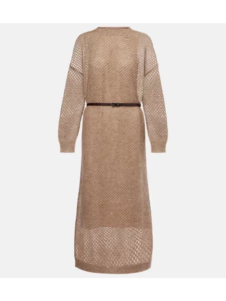Rochie midi Brunello Cucinelli tricotate până la genunchi de costum maro