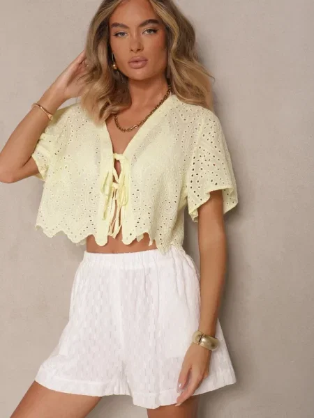 Ażurowa Bluzka z Bawełny Zdobiona Wiązaniem i Haftem Sorellita żółta