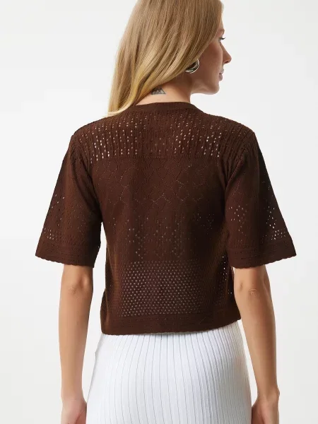Happiness İstanbul Brown Openwork Seasonal Knitwear Cardigan maro