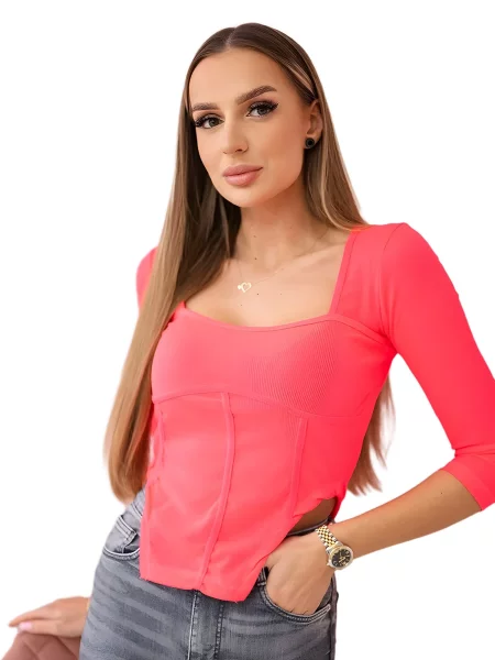 Žebrovaná halenka s růžovým neonovým výstřihem růžová