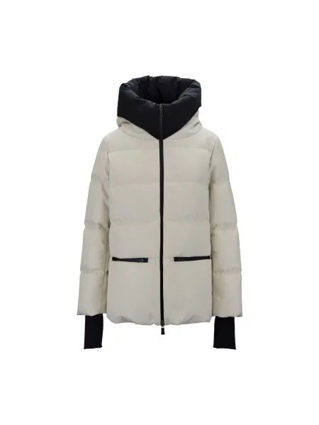 Lniana krótka kurtka puchowa Herno z wysokim kołnierzem beżowa