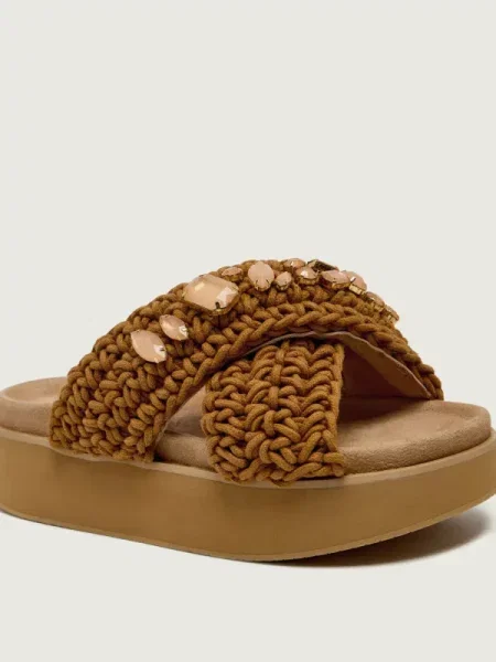 INUIKII Șlapi WOVEN STONES | piele întoarsă maro