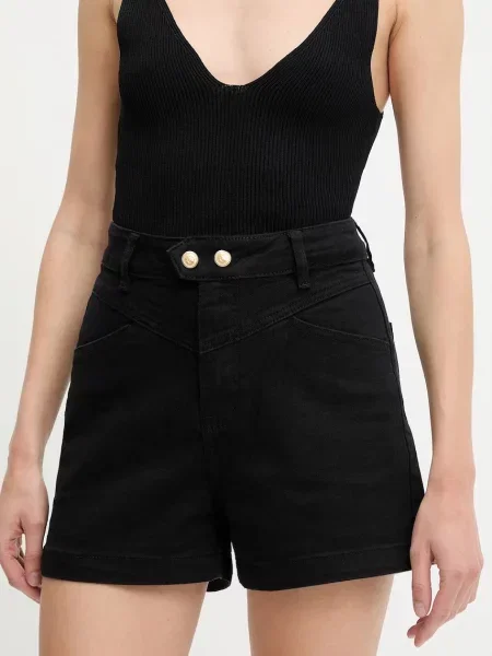 Дънков къс панталон Answear Lab с изчистен дизайн с висока талия черно