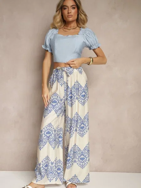 Spodnie z o Szerokim Kroju High Waist ze Wzorem Boho Neolissea niebieskie