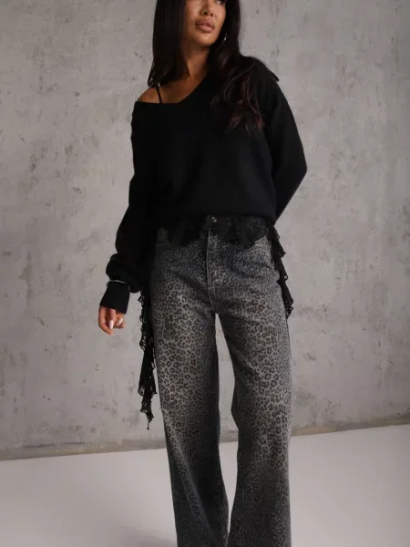 Blugi Wide Leg High Waist cu Fealli Albaștri albastru