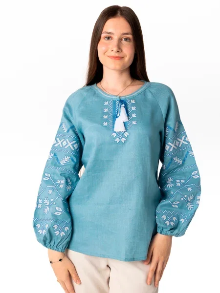 Лляна Вишита сорочка Folk Moda блакитний