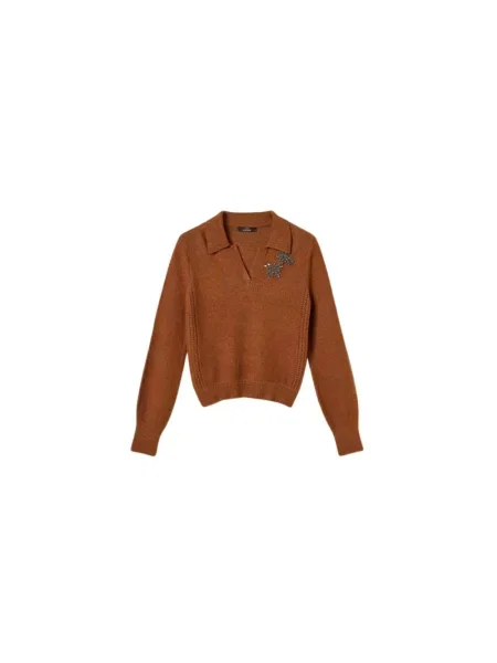 Sweter Twinset z dekoltem w serek brązowy