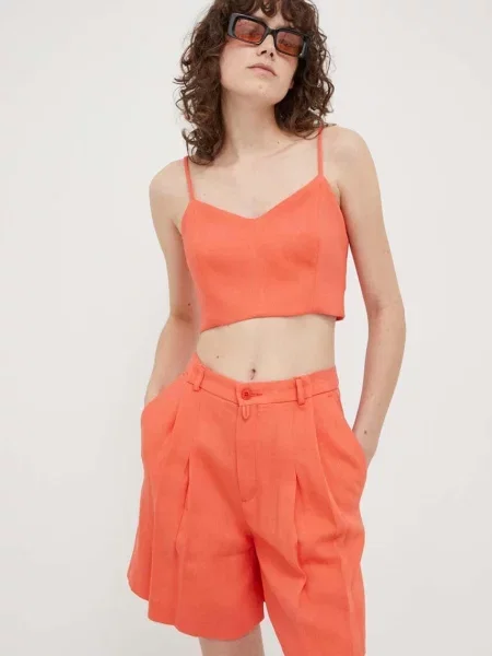 Plátěné kraťasy Drykorn hladké high waist oranžová
