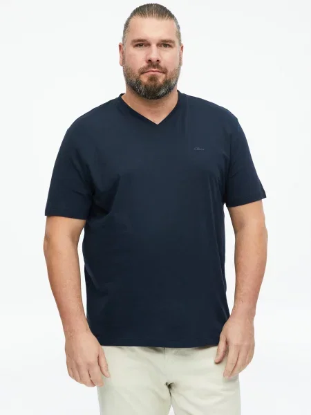 T-shirt z nadrukiem z logo i dekoltem w serek niebieska