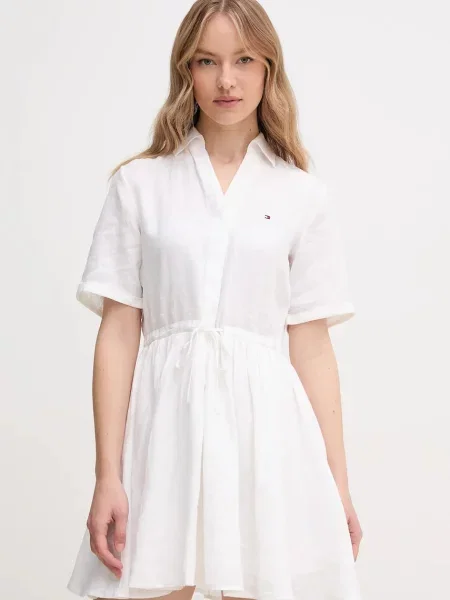 Sukienka koszulowa dopasowana z czystego lnu Tommy Hilfiger biała