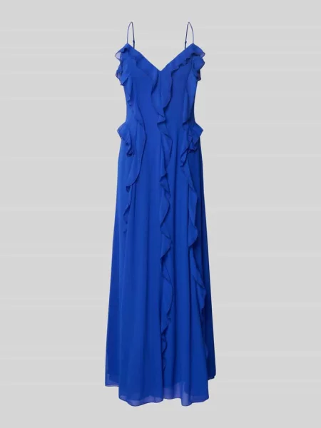 Sukienka wieczorowa z dekoltem w serek i falbanami model ‘VERIS’ Bardot niebieska