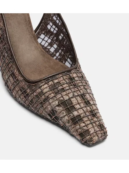 Pantofi cu toc Brunello Cucinelli din piele în carouri slingback maro